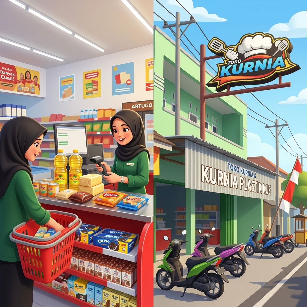 Kasir Toko Kurnia dengan QRIS dan tampilan depan toko