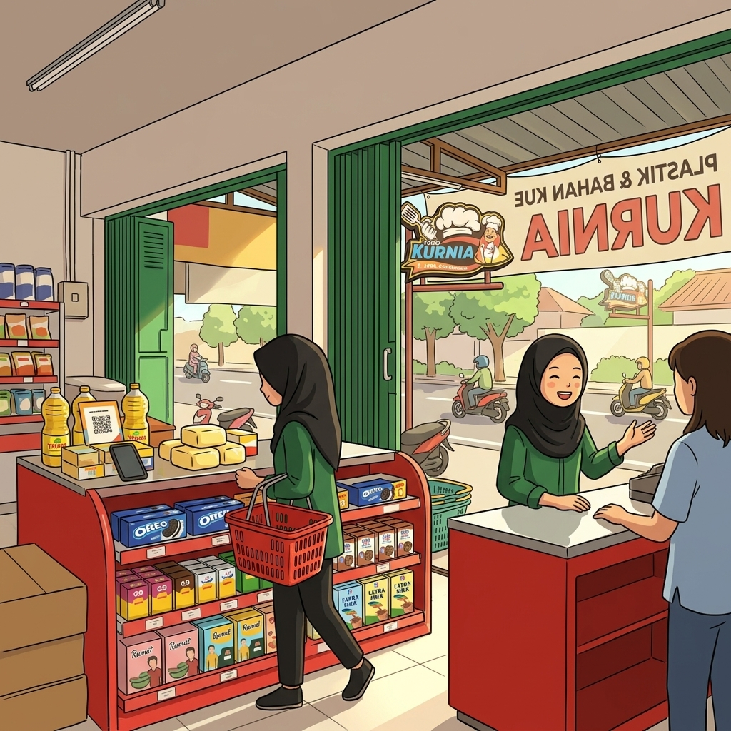 Rak plastik dan bahan kue di interior Toko Kurnia