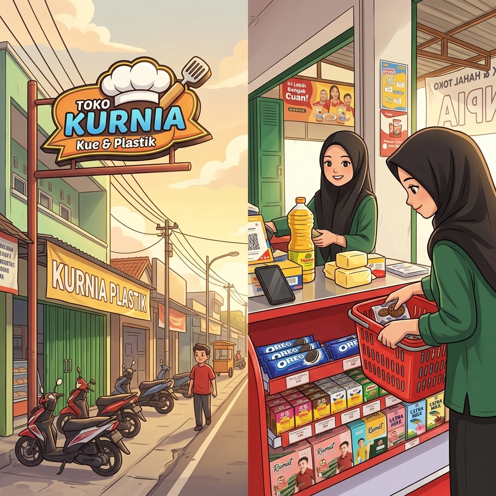 Depan toko Toko Kurnia di jalan dan area kasir